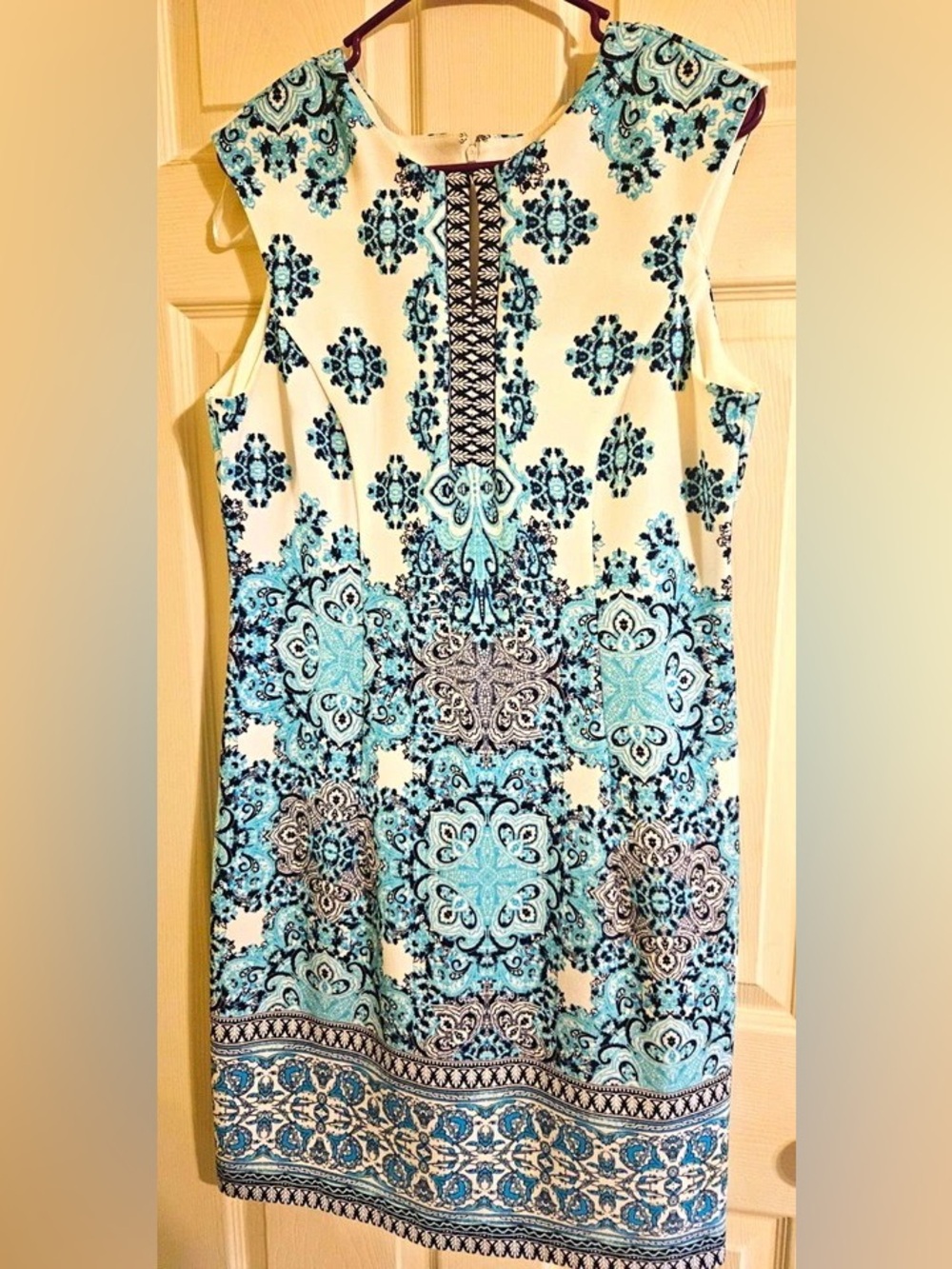 Sleeveless White Mini Dress with Turquoise Medallion Print